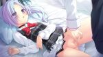  1boy 1girl :o arm_on_own_stomach bed_sheet bent_over black_pants blue_hair bow bowtie buttons censored choker clothes_lift cross_hair_ornament da_capo da_capo_iv day double-breasted dutch_angle eyes_visible_through_hair faceless faceless_male fingering game_asset green_ribbon grey_vest hair_ornament hair_over_one_eye hair_ribbon head_on_pillow highres houjou_shiina indoors jacket kneeling long_hair long_sleeves lying miniskirt mitsumomo_mamu mosaic_censoring non-web_source official_art on_back on_bed open_mouth pants pillow plaid_clothes plaid_vest pleated_skirt purple_eyes pussy pussy_juice red_bow red_bowtie ribbon school_uniform shirt side_ponytail skirt skirt_lift spread_legs tokisaka_ichito vest white_jacket white_skirt 