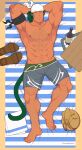  1boy abs alternate_costume animal_ears armpit_hair armpits arms_behind_head bandana bara barefoot beach_towel bottle catnipsmoker_(hakino) closed_eyes commentary commission cooler english_commentary fire_emblem fire_emblem:_path_of_radiance foot_hair green_hair highres large_pectorals leg_hair lying male_focus male_swimwear muarim_(fire_emblem) muscular muscular_male navel_hair nipples on_back pectorals sandals smile solo swim_trunks tail topless_male towel twitter_username unworn_sandals 