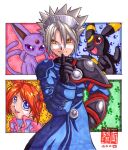  1boy 1girl armor asymmetrical_armor black_gloves blue_coat blue_eyes coat colored_sclera commentary dated english_commentary espeon facial_mark finger_to_mouth forehead_jewel gem gloves grey_hair grid_background hand_on_own_hip happy high_collar looking_at_viewer marker_(medium) open_mouth orange_hair partially_translated pokemon pokemon_(creature) pokemon_colosseum purple_sclera rearing red_gem red_sclera rui_(pokemon) short_hair short_twintails signature smile songosai spiked_hair standing traditional_media translation_request twintails umbreon wes_(pokemon) yellow_eyes 
