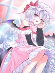  1girl alternate_costume arm_warmers bat_wings black_arm_warmers bone bow commentary dress frilled_dress frills hat hat_bow highres looking_at_viewer mob_cap nyarocks open_mouth pink_dress pink_eyes pink_nails purple_hair red_bow remilia_scarlet short_hair skull smile solo touhou wings 