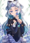  1girl absurdres blue_eyes blue_flower blue_gem closed_mouth commentary_request dress earrings flower flower_ornament frilled_dress frills gem hair_flower hair_ornament highres holding holding_flower jewelry kagamiwor long_hair looking_at_viewer magical_girl mahou_shoujo_ikusei_keikaku mahou_shoujo_ikusei_keikaku_restart multicolored_hair old_blue smile white_hair 