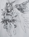 1girl absurdres breasts carbohydrate_(asta4282) closed_mouth closed_umbrella commentary_request dress feathered_wings frown full_body greyscale head_wings highres holding horns impossible_spell_card kijin_seija long_hair looking_at_viewer medium_hair miracle_mallet monochrome multicolored_hair orb single_head_wing single_horn single_wing small_breasts solo streaked_hair torn_clothes torn_dress touhou traditional_media umbrella watermark wings yin_yang yin_yang_orb 