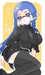  1girl :o absurdres artist_name black_shirt black_shoes black_shorts black_thighhighs blue_eyes blue_hair blush border braid breasts commentary_request dated dotted_background hair_tie highres inkling inkling_girl inkling_player_character large_breasts long_hair looking_at_viewer open_mouth outline outside_border pointy_ears shirt shoes short_eyebrows shorts single_braid solo splatoon_(series) star_(symbol) syoutoktaishi_63 tentacle_hair thighhighs thighs translation_request twitter_username white_border white_outline yellow_background 