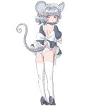  1girl alternate_costume animal_ears ass back back_bow black_shoes bow closed_mouth commentary_request dress enmaided from_behind full_body grey_hair high_heels highres looking_at_viewer looking_back maid maid_headdress microdress mouse_ears mouse_girl mouse_tail nazrin panties puffy_short_sleeves puffy_sleeves red_eyes s-a-murai shoes short_sleeves side-tie_panties simple_background socks solo tail thighhighs touhou underwear white_background white_bow white_panties white_socks white_thighhighs 