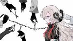  6+girls asymmetrical_sleeves black_coat black_flower coat commentary_request corded_phone dress expressionless fingerless_gloves flower frilled_dress frills gloves grey_eyes grey_hair hair_flower hair_ornament hair_over_one_eye high_collar highres holding holding_scissors isekaijoucho jiuyi9109 kamitsubaki_studio layered_sleeves long_hair multicolored_hair multiple_girls official_alternate_costume one_eye_covered phone red_hair scissors sidelocks uneven_sleeves white_trim zipper_pull_tab 