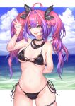  +_+ 1girl ahoge arm_behind_back bare_shoulders beach bikini black_bikini black_choker black_ribbon blue_eyes blue_sky blush bracelet breasts choker cloud cloudy_sky collarbone commentary day fang fingernails gurugurere hair_intakes hair_ribbon highres hololive hololive_dev_is jewelry kikirara_vivi long_hair looking_at_viewer multicolored_hair navel ocean open_mouth outdoors pink_hair pink_lips purple_hair revision ribbon sand side-tie_bikini_bottom sky smile solo sparkle_print stomach swimsuit thigh_strap thighs twintails two-tone_hair v virtual_youtuber 