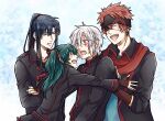  1girl 3boys abstract_background allen_walker belt black_belt black_headband black_jacket black_order_uniform blue_background blue_eyes blue_hair blue_shirt blush brown_gloves buttons chain closed_eyes collared_jacket crossed_arms d.gray-man earrings eyepatch facial_mark facing_another fingerless_gloves forehead_mark frown gloves gold_chain green_hair hair_between_eyes hair_ribbon hand_on_another's_back headband high_collar high_ponytail highres hoop_earrings horizontal-striped_belt imminent_hug jacket jewelry kanda_yuu lavi lenalee_lee long_hair long_sleeves looking_at_another military military_uniform multiple_boys one_eye_covered open_clothes open_jacket open_mouth orange_hair outstretched_arm parted_lips ponytail profile purple_eyes red_ribbon red_scarf ribbon scar scar_across_eye scar_on_face scarf shirt short_hair sidelocks sleeves_rolled_up smile spiked_hair star_(symbol) star_facial_mark striped_belt striped_clothes striped_headband striped_jacket stud_earrings two_side_up upper_body vertical-striped_clothes vertical-striped_headband vertical-striped_jacket white_background white_hair wide_sleeves yu_chocochip 