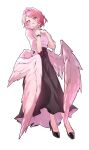  1girl absurdres alternate_costume black_skirt breasts commentary highres itsyowru long_skirt looking_at_viewer medium_breasts medium_hair pink_hair purple_eyes remielle_dan shirt simple_background skirt solo untranslatable_commentary white_background white_shirt white_wings wings zenless_zone_zero 