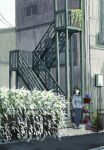  1girl basket black_eyes black_hair bouhuman building day denim flower gardening green_hair jacket long_hair long_sleeves original outdoors pants plant potted_plant purple_flower scenery shoes solo spring_(season) stairs standing walking watering wide_shot 