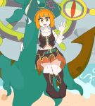 1girl boots commentary dhelmise english_commentary gardenia_(pokemon) gardenia_(summer_2024)_(pokemon) green_nails hat looking_at_viewer midriff navel official_alternate_costume open_mouth orange_eyes orange_hair orange_skirt pirate_costume pirate_hat piroeoe pokemon pokemon_masters_ex sitting skirt smile 