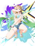  1girl absurdres aqua_bikini arm_up bikini bikini_bottom_under_shorts bikini_under_clothes blonde_hair breasts commentary_request denim denim_shorts drawing_qka dual_wielding flower full_body gun hair_flower hair_ornament highres holding holding_gun holding_weapon large_breasts looking_at_viewer lynae_(peppermint)_(wuthering_waves) lynae_(wuthering_waves) nail_polish navel official_alternate_costume open_fly sandals see-through_clothes see-through_shirt shirt shorts solo squatting stomach swimsuit thigh_strap toenail_polish toenails weapon white_flower white_shirt wuthering_waves 