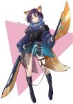  1girl absurdres animal_ear_fluff animal_ears black_boots black_choker blue_hair blue_hoodie blue_kimono boots carrion1129 cho_kaguya-hime! choker closed_mouth colored_inner_hair commentary dual_wielding forehead_jewel fox_ears fox_girl fox_tail green_eyes highres holding hood hood_down hoodie japanese_clothes kimono medium_hair multicolored_hair platform_shoes purple_hair sakayori_iroha sakayori_iroha_(tsukuyomi) shoes solo sword tail weapon 