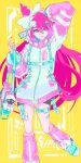  1girl absurdres aqua_shoes arm_up bag bandaid bandaid_on_face bandaid_on_leg bandaid_on_nose bandaid_on_thigh belt fingernails freckles hair_between_eyes hair_ornament hair_ribbon hairclip hand_on_own_head headwear_request highres holding holding_bag imasiphy jacket leg_warmers long_hair long_sleeves looking_at_viewer multiple_hairclips original pink_eyes pink_hair pink_leg_warmers pink_lips pink_nails pixel_art ribbon sharp_fingernails shoes smile solo standing standing_on_one_leg straight-on thigh_belt thigh_strap very_long_hair wide_sleeves 