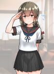  1girl absurdres black_ribbon black_sailor_collar black_skirt braid braided_twintails brown_eyes brown_hair commentary_request furaggu_(frag_0416) hair_ribbon hand_up highres isonami_(kancolle) isonami_kai_ni_(kancolle) kantai_collection long_hair looking_at_viewer low_twintails red_ribbon ribbon sailor_collar salute school_uniform serafuku shirt short_sleeves skirt solo standing twintails variant_set white_shirt 