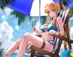  1girl arm_rest ball bare_shoulders beach_umbrella beachball bikini blonde_hair blue_bikini blue_nails blue_sky blush bracelet breasts chair closed_mouth cloud cocktail collarbone commentary_request cross-laced_bikini cross-laced_clothes cup curtained_hair day deck_chair drinking_straw fate_testarossa feet_out_of_frame folding_chair gold_bracelet hair_ribbon highres holding holding_cup jewelry lens_flare long_hair looking_at_viewer lyrical_nanoha mahou_shoujo_lyrical_nanoha_strikers medium_breasts multi-strapped_bikini_bottom nail_polish navel ocean on_chair outdoors palm_tree ponytail red_eyes ribbon sidelocks sitting sky smile solo sougetsu_izuki swimsuit thighlet tree umbrella 