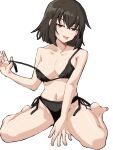  1girl alternate_costume barefoot between_legs bikini black_bikini blush breasts brown_hair cleavage collarbone commentary crossed_bangs dot_nose full_body hair_between_eyes hand_between_own_legs hand_up highres jitome looking_at_viewer medium_breasts medium_hair navel open_mouth pulling_own_clothes red_eyes shameimaru_aya side-tie_bikini_bottom simple_background sitting solo swimsuit tongue tongue_out touhou variant_set wariza wavy_mouth white_background yuuka_(a0240765) 