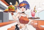  1girl :d black_choker blue_eyes blue_hair breasts burger choker commentary cup employee_uniform fang food french_fries goat_king highres holding indoors medium_breasts midriff mole mole_under_eye navel orange_shirt original shirt skin_fang sleeveless sleeveless_shirt smile solo striped_clothes striped_shirt untranslatable_commentary vertical-striped_clothes vertical-striped_shirt visor_cap 