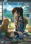  1boy 1girl artist_name black_kimono blue_eyes blue_sky brown_hair closed_eyes closed_mouth cloud copyright_notice dog eshi_100_nin_ten floral_print floral_print_kimono flower food fruit full_body holding japanese_clothes katagiri_hinata kimono long_sidelocks marble_(toy) oil_pastel origami original paper_crane pink_flower ponytail print_kimono purple_flower sidelocks sky smile socks striped_clothes striped_kimono tabi toy_train translation_request u_u watermelon watermelon_slice white_kimono white_socks wind_chime 