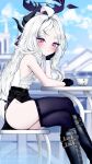  1girl ahoge artist_name black_boots black_gloves black_skirt blue_archive blurry blurry_background blush boots closed_mouth crossed_legs cup demon_horns demon_wings dot_mouth forehead from_side gloves hair_ribbon halo hina_(blue_archive) horns knee_boots looking_at_viewer parted_bangs pencil_skirt pink_eyes pixiv_id purple_ribbon purple_thighhighs revealing_clothes ribbon shirubaa side_slit signature sitting skindentation skirt solo teacup thighhighs thighs twitter_username white_hair wings 
