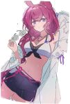  1girl animal_ears arknights bikini black_shorts braid breasts cleavage cowboy_shot dutch_angle highres holding holding_removed_eyewear jacket long_hair medium_breasts midriff multicolored_hair navel official_alternate_costume open_clothes open_jacket purple_eyes purple_streaks rabbit_ears ray_(arknights) ray_(summer_flowers)_(arknights) red_hair seri_(vyrlw) shorts simple_background solo streaked_hair swimsuit unworn_eyewear whistle whistle_around_neck white_background white_bikini white_jacket 