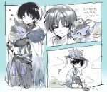  1boy animal belt black_belt black_bodysuit black_bow black_bridal_gauntlets black_cape black_hair black_sandals black_shorts blue_kimono blue_sleeves blunt_ends blush_stickers bodysuit bow bridal_gauntlets cape cherry_(sp_gkdla) cloud cloudy_sky dragon dragon_on_head dragon_on_shoulder durin_(genshin_impact) eyeliner furisode genshin_impact grass hakama hakama_shorts highres holding holding_animal japanese_clothes jitome juban kimono layered_sleeves leg_warmers looking_at_animal looking_to_the_side makeup male_focus mandarin_collar mini_durin_(genshin_impact) multiple_views outdoors parted_lips pleated_shorts purple_eyes purple_rope purple_sash red_eyeliner rope sandals sash scaramouche_(genshin_impact) short_sleeves shorts side_cape sideways_glance sitting sky small_dragon sweatdrop tassel translation_request tsurime wanderer_(genshin_impact) white_kimono white_leg_warmers white_mouth white_sleeves zouri zzz 