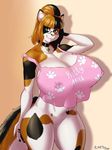  2018 absurd_res anthro big_breasts bottomless breasts calico_cat cat clothed clothing collar english_text eyewear feline female glasses green_eyes hair hand_behind_head hi_res huge_breasts mammal melody_(mellybyte) multicolored_hair nipple_bulge plankboy pussy smile solo text two_tone_hair 