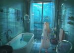  1girl absurdres air_bubble arms_behind_back barefoot bathroom bathtub blonde_hair bubble chinese_commentary city coat commentary_request curtains denim denim_shorts foot_out_of_frame from_behind gakuen_idolmaster hair_ornament hairclip highres idolmaster indoors kaiju loch_ness_monster long_hair long_sleeves looking_at_viewer looking_back open_mouth orange_eyes own_hands_together ryuukou shinosawa_hiro shorts skyline smile solo swept_bangs tile_floor tile_wall tiles towel toy underwater white_coat window 