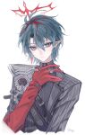  1boy absurdres arknights arknights:_endfield arm_strap bbing blue_eyes blue_hair camille_(arknights) commentary_request hair_between_eyes halo hand_on_own_neck head_tilt highres jewelry looking_at_viewer male_focus multiple_rings neck_tattoo pointy_ears red_halo ring solo tattoo turtleneck vampire watermark white_background 
