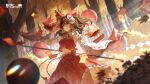  1girl absurdres ascot bow brown_eyes brown_hair c2215721819 chinese_commentary commentary_request detached_sleeves forest fox_mask frilled_bow frilled_hair_tubes frilled_skirt frills gohei hair_bow hair_tubes hakurei_reimu highres holding holding_gohei long_hair looking_at_viewer mask mask_on_head nature ofuda orb outdoors red_bow red_skirt ribbon-trimmed_sleeves ribbon_trim skirt skirt_set solo touhou tree yellow_ascot yin_yang yin_yang_orb 