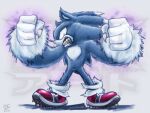  1boy animal_nose black_nose blue_fur fangs fingernails francotieppo furry furry_male green_eyes hedgehog_boy male_focus red_shoes sharp_fingernails shoes signature solo sonic_(series) sonic_the_hedgehog sonic_the_werehog sonic_unleashed spiked_shoes spikes watermark werehog 
