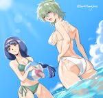  2girls aina_saharin artist_name ball beachball bikini blue_sky blush breasts brown_eyes cloud commentary david_huang day green_hair gundam gundam_08th_ms_team hairband highres holding holding_ball holding_beachball kergerenko large_breasts long_hair multiple_girls ocean open_mouth outdoors short_hair sky smile swimsuit teeth twitter_username water 
