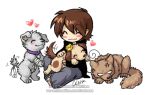  1girl :3 anger_vein animal_collar animal_on_lap artist_name bandaged_arm bandaged_tail bandages barefoot black_hoodie blush_stickers brown_fur brown_hair closed_eyes collar commentary crown deformed dog english_commentary grey_fur grey_pants happy heart hood hoodie knee_up lowres lying mini_crown on_lap on_stomach original pants petting real_life rearing samantha_whitten self-portrait short_hair signature sitting spoken_heart tail tail_wagging white_background 