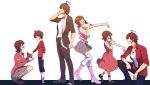  3boys 3girls :d ^_^ action_figure ahoge amagase_touma amami_haruka black_jacket black_pants black_shoes blackish_961sp_(idolmaster) boots brown_hair closed_eyes commentary_request dress grey_skirt highres holding holding_microphone holding_toy idolmaster idolmaster_(classic) idolmaster_2 idolmaster_side-m jacket looking_at_another luxury_(idolmaster) microphone multiple_boys multiple_girls multiple_persona official_alternate_costume pants pink_boots pink_diamond_765_(idolmaster) pink_vest pinnmoku red_dress red_shirt shirt shoes short_hair simple_background skirt smile squatting standing toy vest white_background white_shirt white_wrist_cuffs wrist_cuffs 