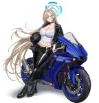  1girl absurdres asuna_(blue_archive) black_boots black_helmet black_jacket black_pants blonde_hair blue_archive blue_eyes blue_halo blush boots breasts choker cleavage commentary grin hair_over_one_eye halo helmet hidis0086 highres jacket large_breasts leaning_on_object leather leather_jacket long_hair looking_at_viewer midriff motor_vehicle motorcycle nail_polish navel open_clothes open_jacket pants silver_nails smile solo tank_top thighs unworn_headwear unworn_helmet very_long_hair white_tank_top 