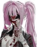  1girl alien_stage black_jacket blood blood_on_chest blood_on_hand breasts cleavage commentary heart highres jacket long_hair mizi_(alien_stage) mizi_(zombie_stage) official_alternate_costume pink_hair portrait sjiaa solo tongue tongue_out twintails white_background zombie_stage 