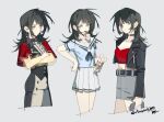  2girls bang_dream! bang_dream!_it's_mygo!!!!! black_choker black_hair black_jacket black_pants blue_shirt breasts capelet choker cleavage closed_mouth commentary crossed_arms earrings green_eyes grey_background grey_skirt highres jacket jackiemo0529 jewelry long_hair medium_breasts midriff multiple_girls multiple_views navel necklace open_clothes open_jacket pants pleated_skirt red_capelet sailor_collar school_uniform serafuku shirt short_hair simple_background skirt timoris_(bang_dream!) two-tone_pants untranslatable_commentary white_pants white_sailor_collar white_skirt yahata_umiri 