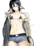  1girl animal_ears belt black_hair breasts brown_eyes coat denim denim_shorts english_commentary highres open_clothes open_coat original patch short_hair short_shorts shorts swimsuit tail yonq98 