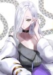  1girl absurdres aquact bare_shoulders black_choker black_dress black_sweater blue_lips breasts choker cleavage collarbone commentary dress earrings eyeliner eyeshadow fate/grand_order fate_(series) grey_dress hair_over_one_eye hebi_nyoubou_(fate) hebi_nyoubou_(second_ascension)_(fate) highres hoop_earrings jacket jewelry large_breasts long_hair long_sleeves looking_at_viewer makeup off-shoulder_sweater off_shoulder puckered_lips snake solo sweater sweater_dress tassel white_background white_hair white_jacket yellow_eyes 