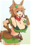 1girl :d animal_ears armband bandana bandeau bare_shoulders belt bikini blonde_hair blue_eyes border breasts brown_belt brown_gloves cleavage colt_single_action_army commentary cowboy_hat glint gloves gradient_background green_armband green_background green_bikini green_skirt groin gun hair_between_eyes hair_ornament hat hat_on_back holstered horse_ears horse_girl horse_tail huge_breasts light_blush looking_at_viewer midriff navel outside_border ponytail raised_eyebrows red_bandana revolver sheriff_badge shirt skirt smile solo star_(symbol) star_hair_ornament string_bikini striped_bandana swimsuit taiki_shuttle_(umamusume) taiki_shuttle_(wild_frontier)_(umamusume) tail teeth tied_shirt tongue umamusume untranslatable_commentary upper_teeth_only weapon white_background white_border zekataki 
