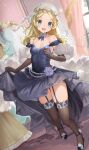  1girl :d alternate_costume alternate_hairstyle aqua_eyes armpits bare_shoulders black_dress black_garter_straps black_shoes black_thighhighs blonde_hair bow bowtie breasts collarbone commission dress english_commentary fire_emblem fire_emblem_awakening flower footwear_flower full_body garter_straps grey_eyes haru_(nakajou-28) hat high-low_dress high_heels highres holding_own_dress indoors lissa_(fire_emblem) long_hair looking_at_viewer open_mouth second-party_source shoes skeb_commission small_breasts smile solo standing strapless strapless_dress thighhighs thighs unworn_hat unworn_headwear white_bow white_bowtie white_headdress window zettai_ryouiki 