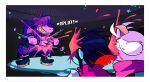  1boy 1girl 1other akanemnon androgynous animal_ears antenna_hair armlet black_boots black_vest boots bracelet colored_skin commentary deltarune english_commentary english_text furry furry_female furry_male glasses green-framed_eyewear hair_over_eyes horns jewelry kris_(dark_world)_(deltarune) kris_(deltarune) open_clothes open_vest pants pink_scarf purple_hair purple_pants purple_skin ralsei reptile_girl round_eyewear scarf short_hair spiked_armlet spiked_bracelet spikes susie_(dark_world)_(deltarune) susie_(deltarune) utdr_(toby_fox) vest 