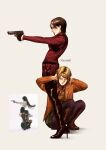  2girls ada_wong artist_name ashley_graham black_gloves black_hair black_pantyhose blonde_hair boots brown_boots brown_eyes che_sue00 commentary covering_own_ears english_commentary gloves gun high_heel_boots high_heels highres holding holding_gun holding_weapon holster jacket multiple_girls orange_jacket orange_sweater pantyhose red_sweater reference_inset resident_evil resident_evil_4 resident_evil_4_(remake) short_hair shoulder_holster sweater thigh_boots thigh_holster turtleneck turtleneck_sweater twitter_username weapon 