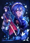  1girl absurdres armor artist_name blue_boots blue_cape blue_eyes blue_gloves blue_hair boots brand_of_the_exalt bug butterfly cape closed_eyes closed_mouth commentary commission english_commentary fingerless_gloves fire_emblem fire_emblem_awakening flat_chest flower gloves hair_between_eyes highres long_hair long_sleeves looking_to_the_side lucina_(fire_emblem) multiple_views red_cape sheath sheathed shoulder_armor shuravf simple_background sword symbol_in_eye thigh_boots tiara two-tone_cape weapon 
