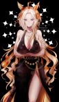  1girl ahoge animal_ears bare_shoulders belt black_background breasts chain colored_bangs commentary_request crossed_arms dress ear_covers gold_belt gold_chain gold_necklace highres horse_ears horse_girl jewelry large_breasts long_hair multicolored_hair necklace orange_hair orfevre_(gold-triumph)_(umamusume) orfevre_(umamusume) plunging_neckline purple_eyes single_ear_cover sleeveless sleeveless_dress standing two-tone_hair umamusume very_long_hair yue_(lov_n_n) 