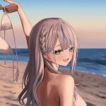  1girl amagai_ruka arale_(ara1e) arm_up back beach bikini blue_eyes blue_hair blue_nails blue_sky blurry blurry_background blush breasts commentary_request day eyelashes fingernails grey_hair highres large_breasts long_hair multicolored_hair nail_polish ocean open_mouth outdoors sand sky smile solo streaked_hair sunset swimsuit topless_female two-tone_hair unworn_bikini_top virtual_youtuber weather_planet white_bikini 