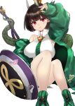  1girl absurdres aquact bare_shoulders biscione_(fate) biscione_(second_ascension)_(fate) black_hair blush breasts collared_dress commentary_request crown dragon_girl dragon_tail dress fate/grand_order fate_(series) green_jacket green_shoes highres horns jacket large_breasts long_sleeves looking_at_viewer mini_crown multicolored_hair necktie off_shoulder open_clothes pointy_ears polearm red_eyes scales shield shoes short_dress short_hair sitting sneakers solo spear streaked_hair tail thighhighs weapon white_dress white_thighhighs 