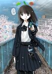  ... 1girl absurdres aiming aiming_at_viewer arm_at_side belt black_belt black_bow black_bowtie black_jacket black_skirt blazer bleeding blood blood_from_forehead blue_sky bottle bow bowtie bridge brown_eyes brown_hair building cherry_blossoms city collared_shirt commentary_request day dress_shirt falling_petals feet_out_of_frame floating_hair giba_ryan highres holding holding_water_gun holster jacket lapels long_sleeves looking_at_viewer medium_hair original outdoors pants pants_under_skirt parted_lips pedestrian_bridge petals pleated_skirt power_lines shirt shirt_tucked_in skirt sky solo spoken_ellipsis standing staring track_pants transmission_tower tree water_bottle water_gun 