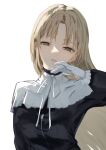  1girl absurdres black_dress blonde_hair capelet commentary dress frilled_gloves frills gloves highres long_hair looking_at_viewer neck_ribbon nijisanji nun parted_lips ribbon simple_background sister_claire sister_claire_(1st_costume) solo untranslatable_commentary upper_body virtual_youtuber wada_saa white_background white_capelet white_gloves white_ribbon yellow_eyes 