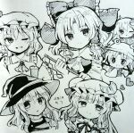  6+girls :d ;d ascot bow closed_mouth commentary_request crescent crescent_hat_ornament dated frilled_bow frilled_hair_tubes frills frog_hair_ornament gohei greyscale hair_bow hair_ornament hair_tubes hakurei_reimu hat hat_ornament heart holding holding_gohei kirisame_marisa kochiya_sanae long_hair long_sleeves mob_cap monochrome moriya_suwako multiple_girls neck_ribbon one_eye_closed patchouli_knowledge ramudia_(lamyun) remilia_scarlet ribbon short_hair smile touhou traditional_media vest witch_hat 