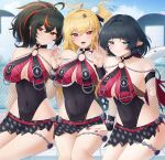  3girls ahoge animal_ear_piercing animal_ears bare_shoulders black_hair black_one-piece_swimsuit black_sarong blonde_hair blue_eyes blue_sky blush breast_curtains breasts chalky_(zenless_zone_zero) choker cissia_(zenless_zone_zero) closed_mouth cloud collarbone commentary covered_navel doiparuni fishnet_sleeves fishnets flying_sweatdrops hair_between_eyes hair_ornament hairclip hand_on_another's_leg hands_up highres hollow_(zenless_zone_zero) jane_doe_(nocturne_of_light)_(zenless_zone_zero) jane_doe_(zenless_zone_zero) large_breasts leather_leotard long_hair looking_at_viewer mouse_ears mouse_girl mouse_tail multicolored_hair multiple_girls notched_ear o-ring o-ring_choker o-ring_one-piece_swimsuit official_alternate_costume one-piece_swimsuit open_mouth orange_hair orange_streaks outdoors parted_lips pink_nails pom_pom_(clothes) pom_pom_hair_ornament red_eyes red_hair red_one-piece_swimsuit sarong sitting sky smile snake snake_girl snake_tail streaked_hair sweat swimsuit tail two-tone_one-piece_swimsuit white_snake zenless_zone_zero zhu_yuan 